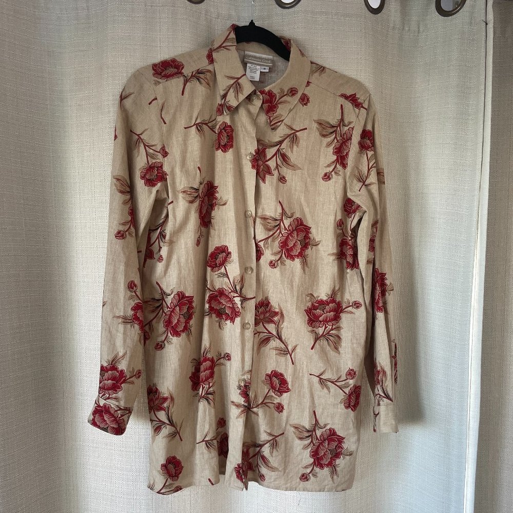 Coldwater Creek  Flax Linen Button Down Floral Blouse